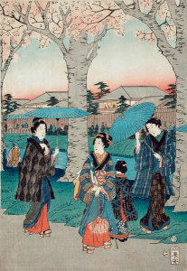 Utagawa Hiroshige - Cherry Blossoms on the Jewel River Embankment (center panel), 1856