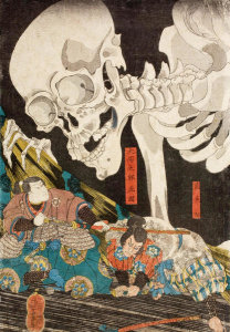 Utagawa Kuniyoshi - In the Ruined Palace at Soma, Masakado's Daughter Takiyasha Uses Sorcery to Gather Allies (center panel), circa 1844