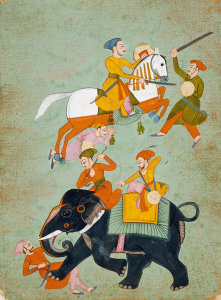 unknown Indian artist - Battle Scene with an Elephant Trampling a Soldier and a Warrior on Horseback, 18th-early 19th century