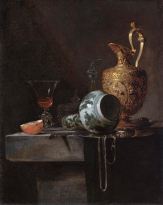 Willem Kalf - Still Life with a Porcelain Vase, Silver-gilt Ewer, and Glasses, circa 1643-1644