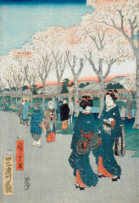 Utagawa Hiroshige - Cherry Blossoms on the Jewel River Embankment (right panel), 1856