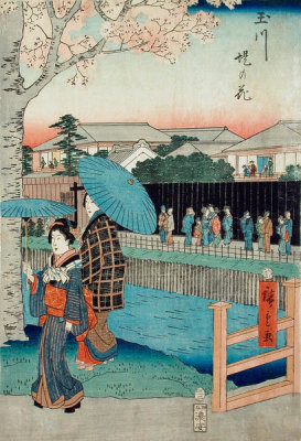 Utagawa Hiroshige - Cherry Blossoms on the Jewel River Embankment (left panel), 1856