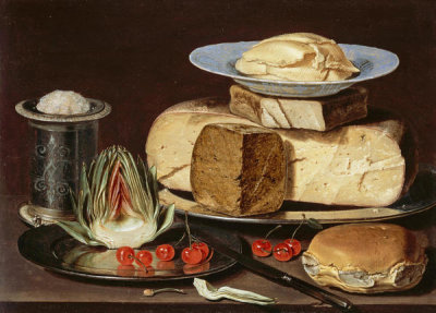 Clara Peeters - Still Life with Cheeses, Artichoke, and Cherries, circa 1625